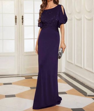 Ever-pretty Round Neck Chiffon Fishtail Evening Dress In Navy