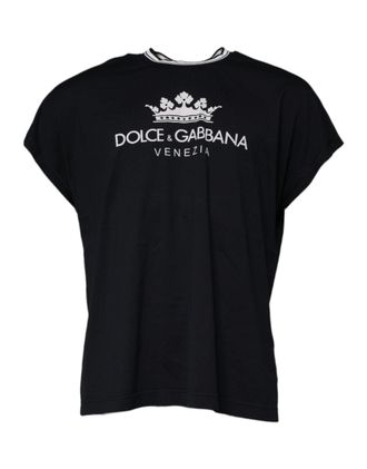 Dolce & Gabbana Mens Dark Blue Logo Crown Cotton Crew Neck T-Shirt