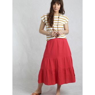 Weird Fish Lathika Tiered Midi Cotton Skirt in Crimson at Nordstrom, Size 18