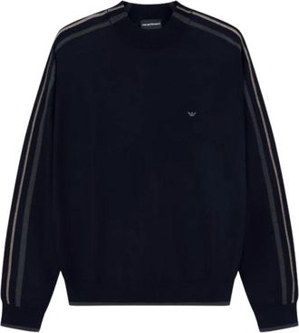 Emporio Armani Blauwe Wol Crewneck Sweater Jacquard - Heren - Ronde hals truien - Blauw - XL - Wol - Truien & Vesten