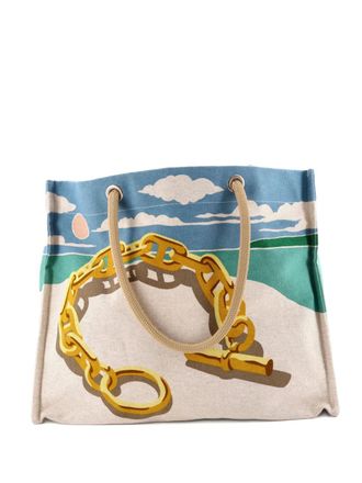 Herm&egrave;s La Plage Beach canvas shopper met print - Beige