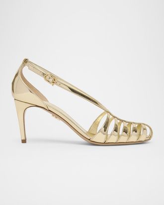 Ferragamo 70mm Lilie Metallic Patent Leather Caged Pumps