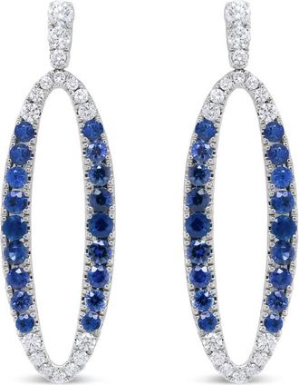 House of Brilliance 18K White Gold 1.11 Cttw Blue Round Diamond and Blue Sapphire Openwork Oval Shaped Dangle Earrings (F-G Color, VS1-VS2 Clarity)