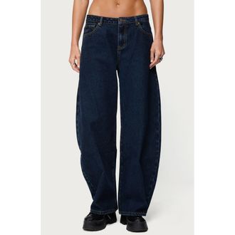 Edikted Jillian Low Rise Barrel Jeans in Dark-Blue at Nordstrom, Size X-Large