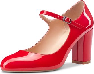 Castamere Women Mid Chunky Block Heel Round Toe Pumps Court Shoe Mary Jane Ankle Strap Office Party Dress Shoes 8.5 CM Heels Red 9 UK