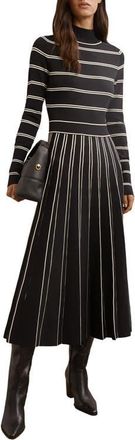 Reiss Amber Stripe Pleated Long Sleeve Midi Dress in Black/Ivory at Nordstrom, Size X-Large