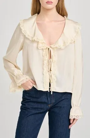 Wayf Lacy Long Sleeve Tie Front Top in Cream at Nordstrom Rack, Size X-Large