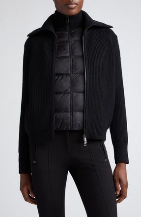 Moncler Rib Wool Cardigan with Removable Down Bib in Black at Nordstrom, Size Medium