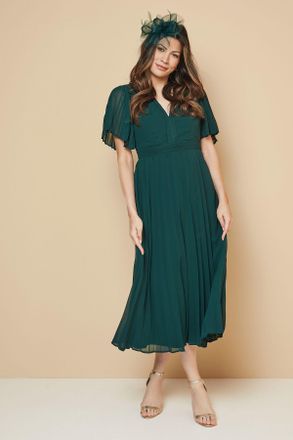Wallis Womens Chiffon Pleated Sleeve Midi Dress - Green - Size 16 UK