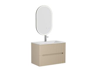 Vente-Unique Mueble de ba&ntilde;o suspendido con lavabo encastrado, grifo y espejo - Estriado beige - 80 cm - PAVANI