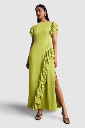 Warehouse Side Split Ruffle Detail Maxi Dress in Lime at Nordstrom, Size 6