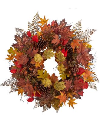Nearly Natural Autumn Maple Leaves, Acorn, Pinecones & Cinnamon Sticks Artificial Fall Wreath 30in