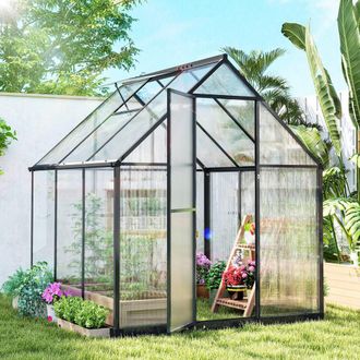 OUTSUNNY Polycarbonate Greenhouse Garden Green House with Rain Gutter, Black