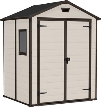 Keter Manor 6x5 - Caseta De Jard&iacute;n 185x226x152 Cm 2 Puertas Para Almacenamiento De Herramientas Acabado Efecto Madera Rayada En Resina Beige