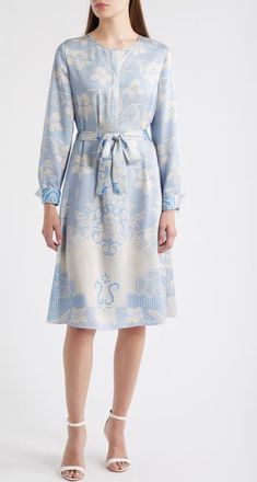 Kobi Halperin Michelle Print Tie Waist Long Sleeve Dress in Sky Blue Multi at Nordstrom, Size X-Large