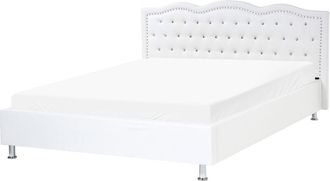 Beliani Cama Con Somier De Piel Sint&eacute;tica Blanco Plateado 160 X 200 Cm Cabecero Botones Metz