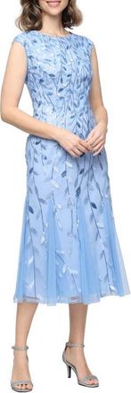 Alex Evenings Sequin Leaf Embroidery Cocktail Midi Dress in Hydrangea at Nordstrom, Size 12P