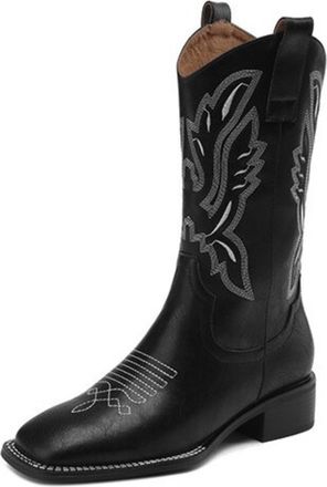 Generic Womens Knee-High PU Leather Cowboy Boots Embroidered Design Pull Tab Square Toe Low Block Heels Slip On Soft Lining Cushioned Insole Durable Outsole,B