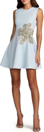 Mac Duggal Crepe Sleeveless Mini Dress With Rhinestone Flower in Powder Blue at Nordstrom, Size 12