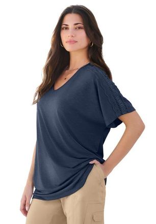 Roaman's Plus Size Lace Trimmed Textured Tee in Navy at Nordstrom, Size 20