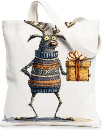 Generic Fanciful Reindeer Canvas Tote Bags, Animal Pattern Reusable Grocery Bags, Festive Lightweight Washable Tote for Shopping Tr, White, 13x15 Inch