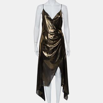 Haney Metallic Gold Lame Faux Wrap Asymmetrical Hem Dress