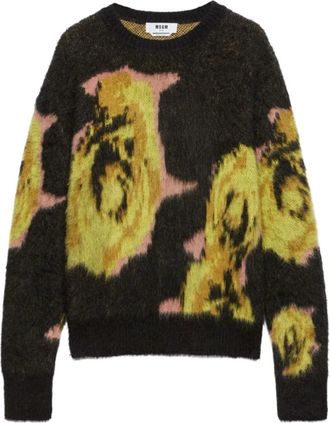 Msgm Round-neck Knitwear, male, Multicolor, Size: L Floral Intarsia Knit Sweater