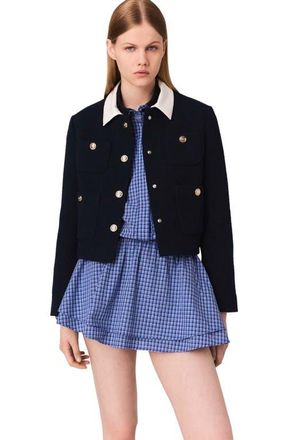 Maje Cropped tweed jacket with removable collar in Navy at Nordstrom, Size 42 Eu