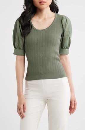 Elie Tahari The Kaeta Mixed Media Puff Sleeve Sweater in Dusty Sage at Nordstrom, Size X-Large