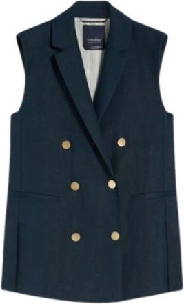 Max Mara Bird Linen Vest - Dames - Gillet - Blauw - XS - Katoen - Kostuums