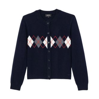 A.P.C. Cardigans, female, Blue, Size: L Navy Merino Wool Diamond Cardigan