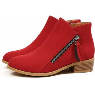 Generic Women Faux Suede Pointed Toe Ankle Booties - Classic Western Cowboy Low Heeled Shoes - Vintage Comfy Slip on Boot (red,6.5)