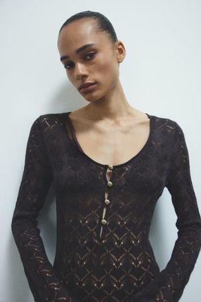 H&M Crochet-look Button-top Dress in Dark Brown at Nordstrom, Size Xx-Large