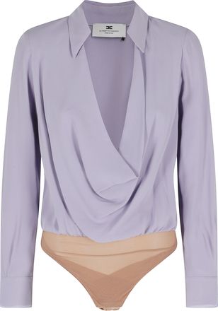 Elisabetta Franchi Lilac Organza-Inserts Padded-Shoulders Viscose Bodysuit
