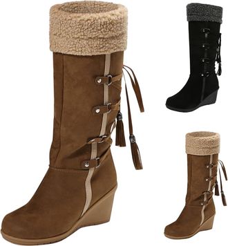 Generic Fuzzy Winter Snow Boots for Women Wedge Platform Mid Calf Boots Ladies Casual Plush Fur Thermal Suede Shoes Round Toe Non Slip Cowgirl Boot with Adjus