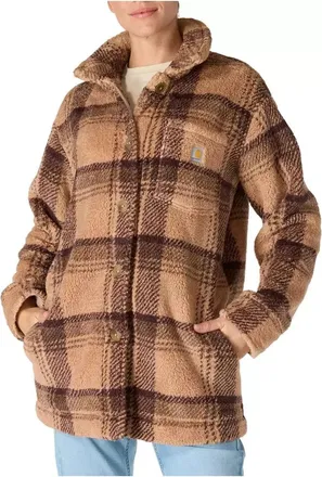 Carhartt Work in Progress Coat Womens Taupe Plaid Plush Fleece Loose Fit Button Front JAX1438