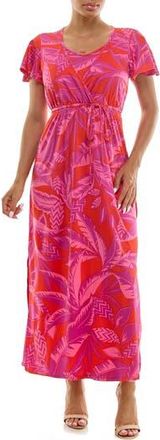 Nina Leonard Tie Waist Maxi Dress in Orange Violet Multi at Nordstrom Rack, Size X-Large