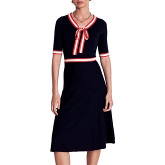 Boden Tipped Bow Cotton & Wool Fit & Flare Dress in Navy at Nordstrom Rack, Size 0