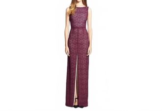 Alice & Olivia Lace Overlay Front Slit Long Mermaid Dress In Berry