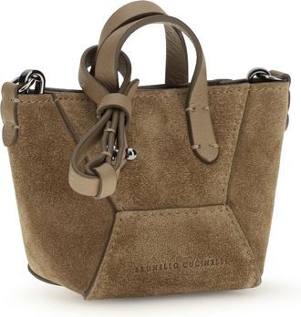Brunello Cucinelli Womens Micro Suede Shoulder Bag Sesamo Calf Leather Bos Taurus