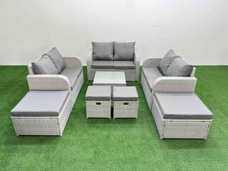 Fimous PE Rattan Love Sofa Set with Coffee Table 4 Footstools Light Grey