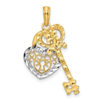 Diamond2Deal 10k Yellow Gold Rhodium Filigree Heart Lock Key Pendant