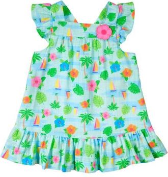 Florence Eiseman Printed Linen-Look Dress With Flower in Blue/white at Nordstrom, Size 18M