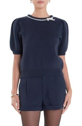 English Factory Crystal Embellished Bow Detail Puff Sleeve Sweater in Navy at Nordstrom, Size X-Small