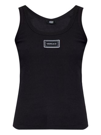 Versace Black Fitted Text Patch Cotton Top