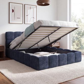 IDMarket Cama Doble Con Caj&oacute;n Nuage, Con Cabecero Acolchado Y Somier De 140 X 190 Cm En Tejido Azul Con Efecto Chenilla