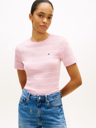 Tommy Hilfiger T-Shirt TOMMY HILFIGER SLIM CODY C-NK, Damen, Gr. L (42/44), fine stp bon. pink, ecru, Jersey, Obermaterial: 100% Baumwolle, gestreift, slim fit norma
