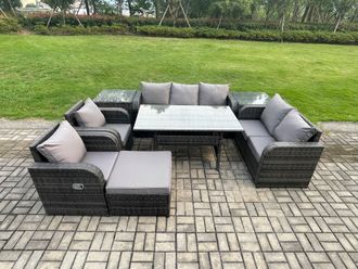 Fimous Dark Grey PE Wicker Rattan Garden Furniture Set Reclining Chair Love Sofa 2 Seater Sofa Set Outdoor Rectangular Dining Table Big Footstool