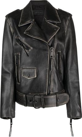 Off-white faded-effect leather biker jacket - women - Viscose/Cotton/Bovine Leather (top grain) - 44 - Black