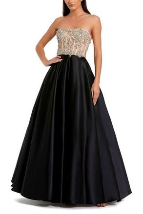 Mac Duggal Strapless Embellished Bustier Ball Gown in Black at Nordstrom, Size 14